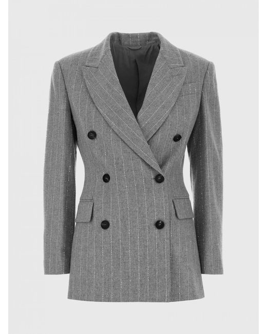 Brunello Cucinelli Gray Pinstripe Wool Short Double-Breasted Blazer With Sequins
