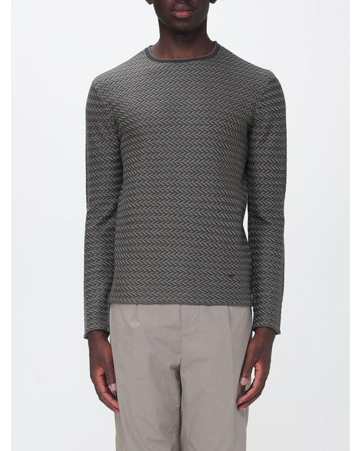 Emporio Armani Gray Slim Fit Zig-Zag Virgin Wool Sweater With Embroidered Logo for men