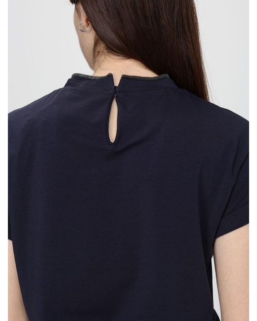 Brunello Cucinelli Blue Basic Cotton T-Shirt With Monile