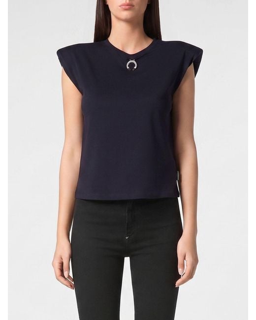 Philipp Plein Blue Jersey Tank Top With Crew Neck And Padded Shoulders