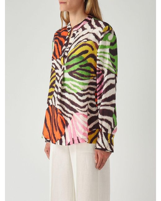 Maliparmi Multicolor Zebra And Polka Dot Print Viscose Blouse With Mandarin Collar