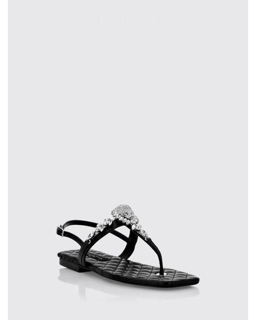 Philipp Plein Black Leather Thong Sandals With Low Heel And Ankle Strap