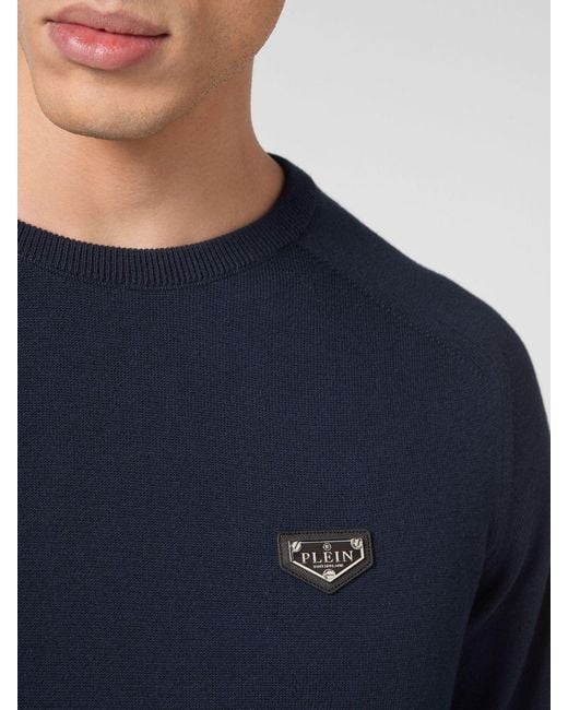 Philipp Plein Blue Long-Sleeved Cotton Crewneck Sweater With Ribbed Cuffs for men