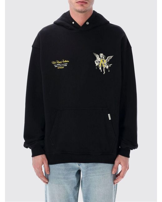 Represent Black Cotton Hooded Sweatshirt With Print for men