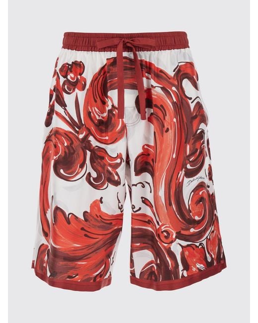 Dolce & Gabbana Red Dolce &Amp Gabbana Knee-Length Silk Shorts With Maioliche Print And Drawstring for men