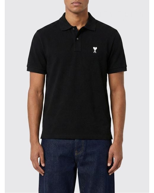 AMI Black Cotton Polo Shirt With Logo for men
