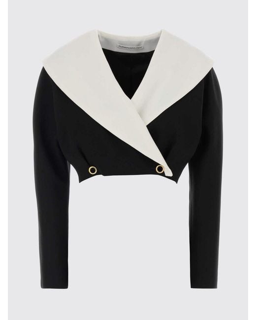 Alessandra Rich Blue Bicolor Double-Breasted Cropped Virgin Wool Blazer