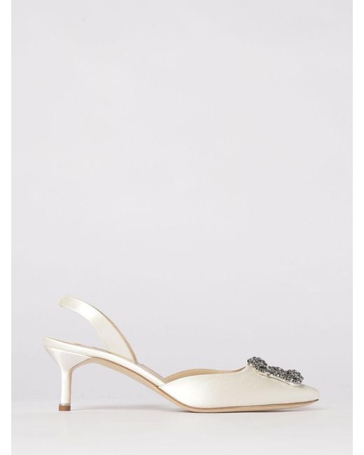 Manolo Blahnik Natural Hangisli Satin Slingback Pumps With Jewel Buckle