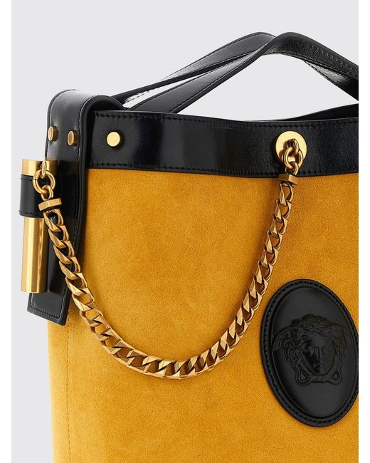 Versace White Pivot Suede Bucket Bag With Medusa Logo And Metal Mesh
