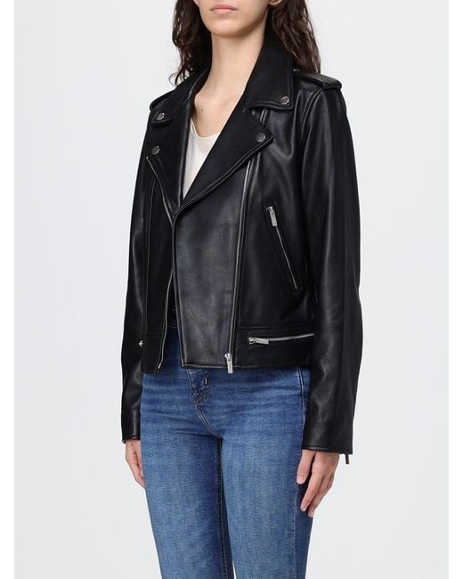 Twinset Black Leather Biker Jacket With Asymmetrical Zip And Shoulder Epaulettes