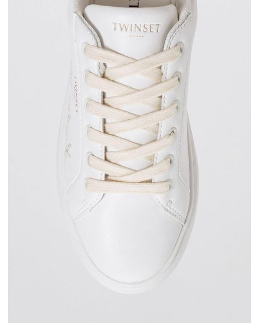 Twinset White Low Top Smooth Leather Sneakers With Floral Details And Lettering Logo