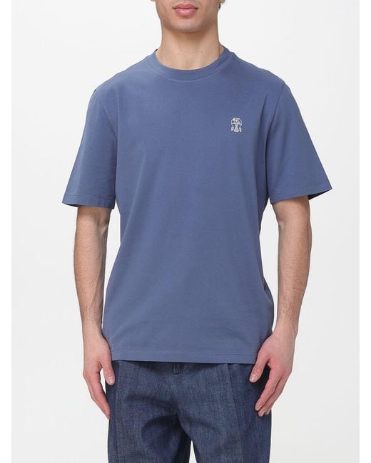 Brunello Cucinelli Blue Cotton T-Shirt With Logo for men