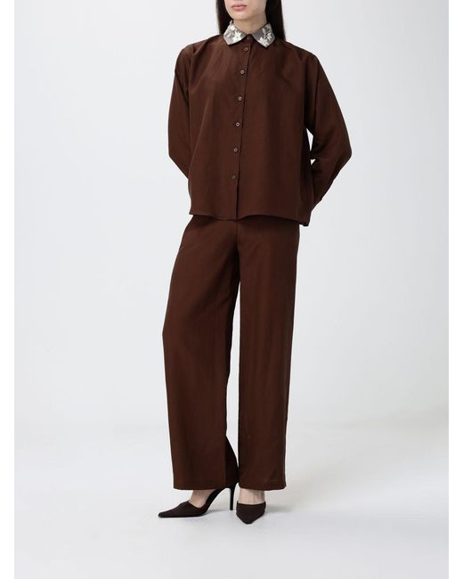 Hanita Brown Linen Blend Shirt With Embroidery
