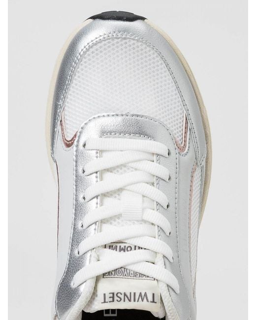 Twinset White Laminated Leather And Mesh Sneakers