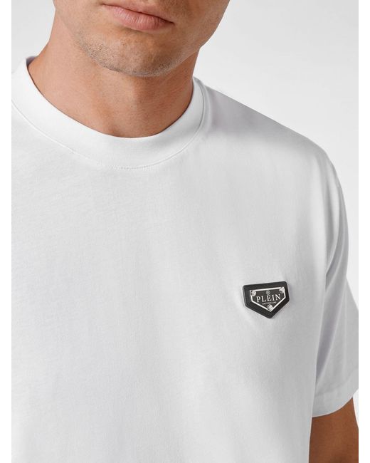 Philipp Plein White Cotton T-Shirt With Applied Logo Patch On The Chest for men