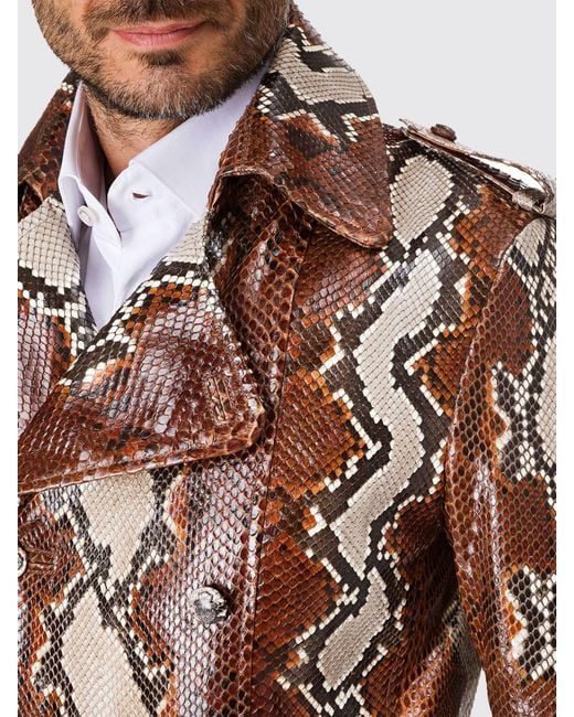 Billionaire Natural Double-Breasted Python Leather Trench Coat With Belt And Epaulettes for men