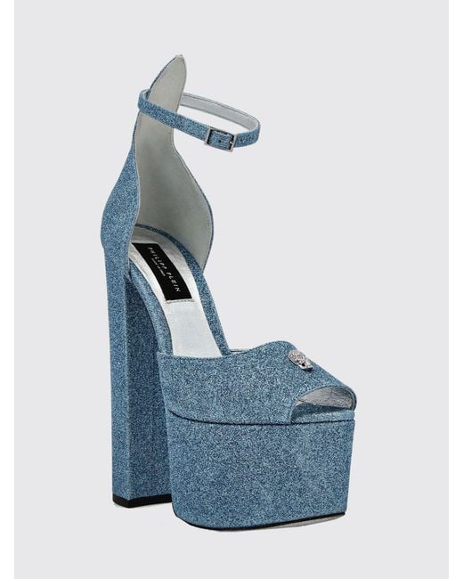 Philipp Plein Blue Glitter Leather Platform Sandals With High Heel And Skull