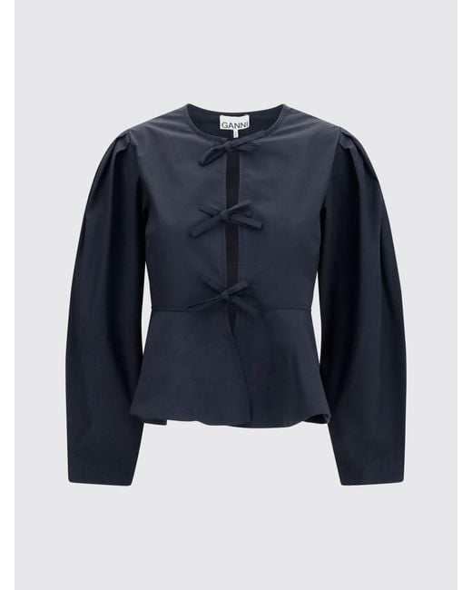 Ganni Blue Cropped Cotton Jacket With Ruched Shoulders And Tie Fastening