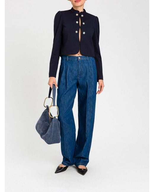 Twinset Blue Cropped Viscose Jacket With Mandarin Collar And Pearl Embellishments