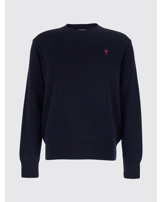 AMI Blue Crewneck Wool Jumper With Ami De Coeur Logo Embroidery for men
