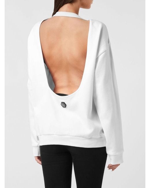 Philipp Plein White Teddy Bear Print Cotton Sweatshirt With U-Shaped Back