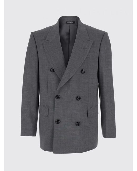 Emporio Armani Gray Double-Breasted Virgin Wool Blazer With Peak Lapels for men