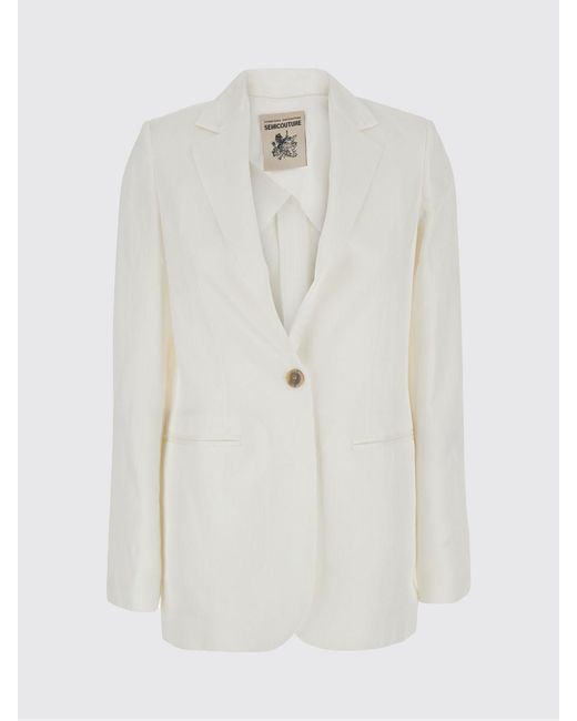 Semicouture White Single-Breasted Short Linen Blend Blazer With One-Button