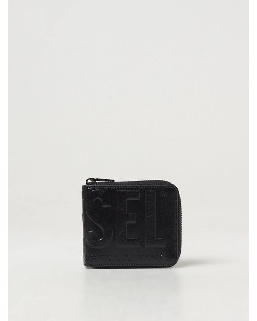 DIESEL Black Leather Zip Wallet With Embossed Logo for men