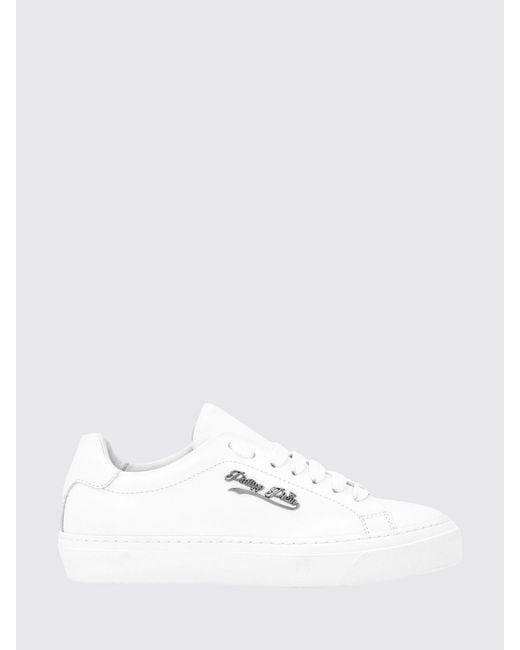 Philipp Plein White Low Top Smooth Leather Sneakers With Applied Metal Logo for men