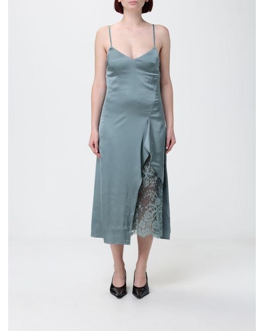 Acne Blue Satin Slip Dress With Lace Inserts