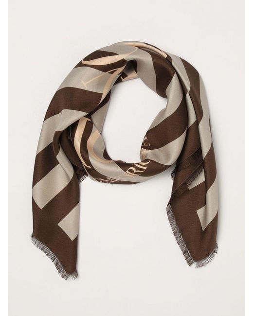 Emporio Armani Brown Striped Silk Scarf With Logo Print And Fringed Edges
