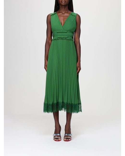 Self-Portrait Pleated Crpe Midi Dress in Green | Lyst