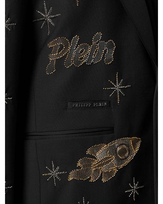 Philipp Plein Black Zodiaco Single-Breasted Wool Blazer With Crystal And Bead Embroidery for men
