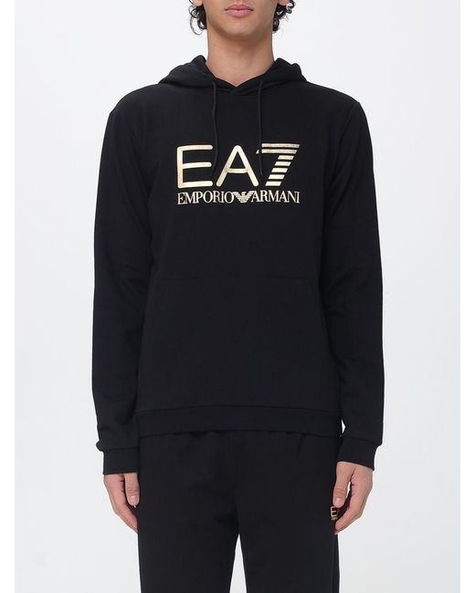 EA7 Black Logo-Print Cotton Hoodie for men