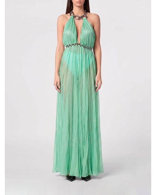 Philipp Plein Green Long Chiffon Evening Gown With Halter Neck And Slit