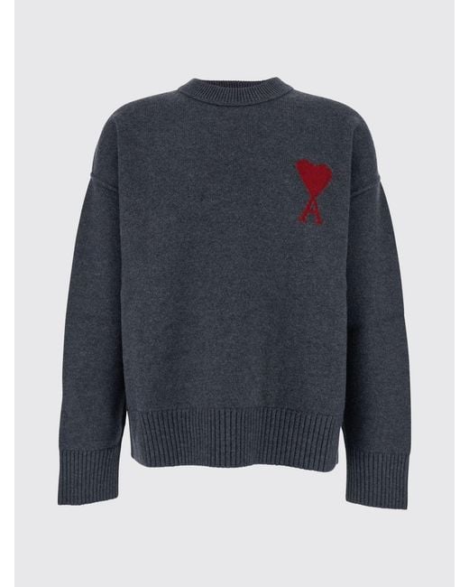 AMI Blue Crew-Neck Wool Jumper With Contrast Logo for men
