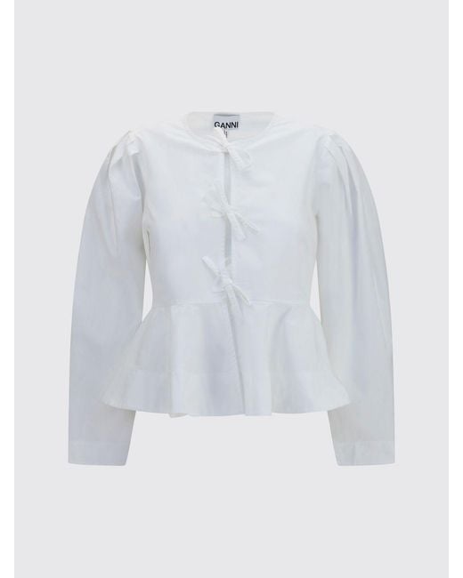 Ganni White Cropped Cotton Jacket With Ruched Shoulders And Tie Fastening