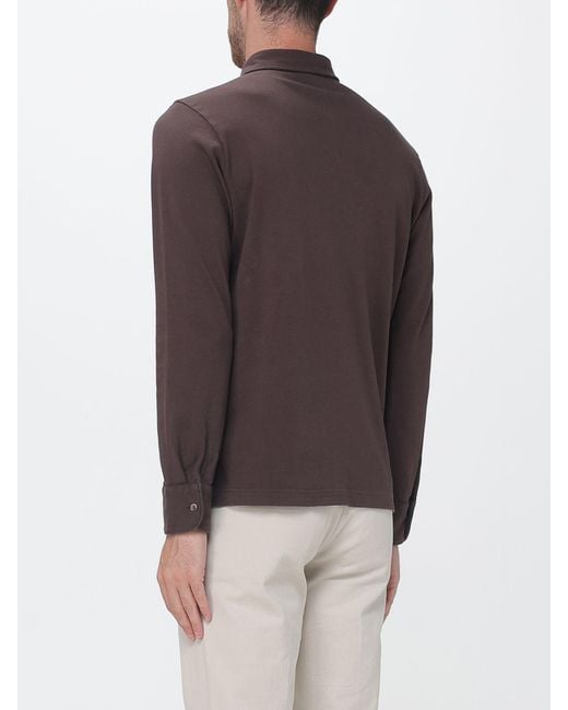 Zanone Brown Long-Sleeve Cotton Polo Shirt With Ribbed Collar And Three Buttons for men