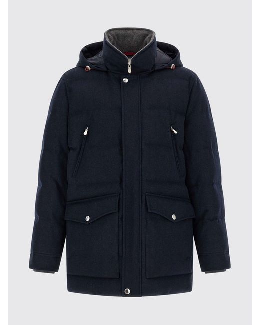 Brunello Cucinelli Blue Padded Wool Parka With Detachable Hood for men