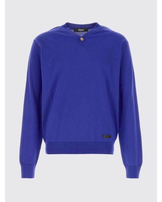 Versace Blue Cotton And Silk V-Neck Sweater for men