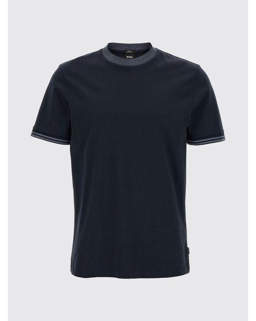 Boss Blue Slim Fit Cotton T-Shirt With Contrast Trims for men