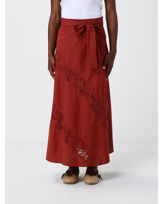 Twinset Red Cotton Skirt With Macramé Inserts