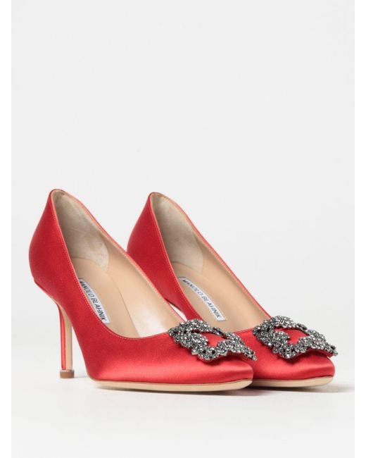 Manolo Blahnik Hangisi Pumps In Satin With Jewel Buckle in Red | Lyst