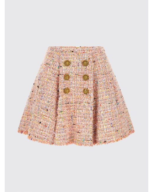 Balmain Pink High-Waisted Tweed Mini Skirt With Abstract Pattern And Frayed Hem