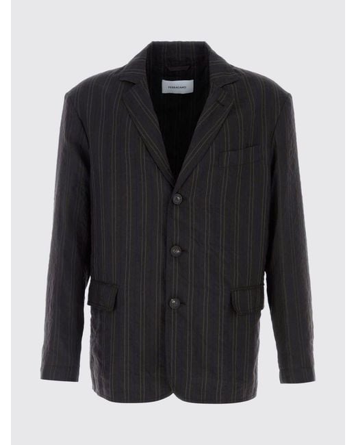Ferragamo Blue Pinstriped Linen Blend Single-Breasted Blazer for men