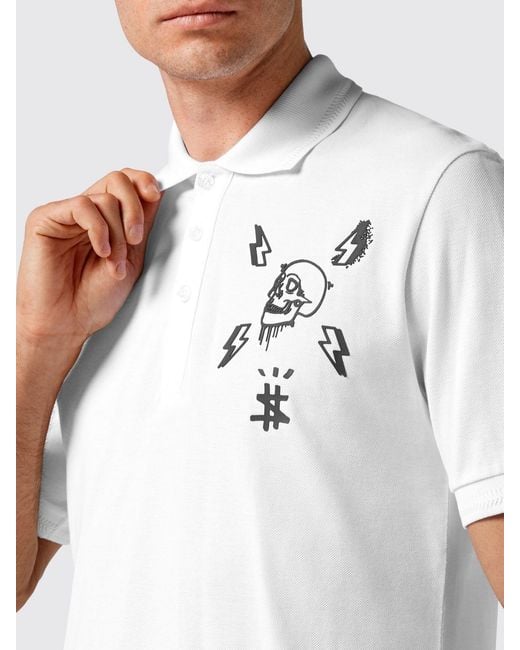 Philipp Plein White Slim Fit Cotton Polo Shirt With Skull Print And Logo for men