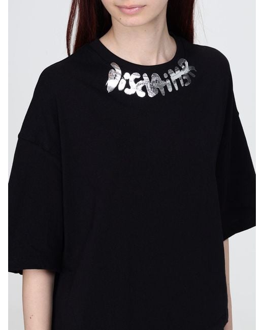 DISCLAIMER Black Cropped Cotton T-Shirt With Printed Logo And Crew Neck