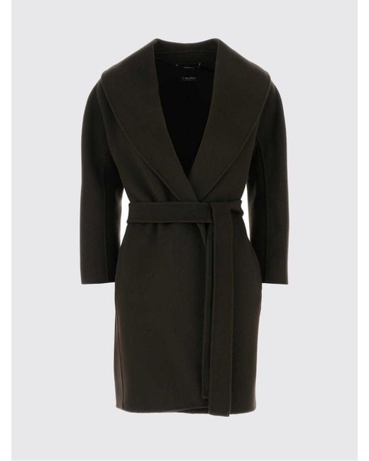 Max Mara Black Belted Virgin Wool Robe Coat With Shawl Collar