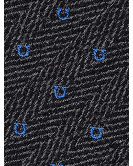 Ferragamo Black Gancini Silk And Wool Tie With Chevron Monogram Pattern for men