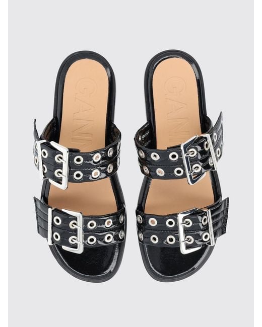 Ganni White Low-Heeled Sandals With Double Strap And Buckles